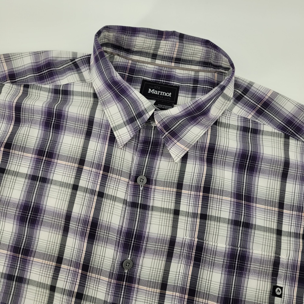 Marmot Mens Large Purple Plaid‎ Short Sleeve Button Up Shirt